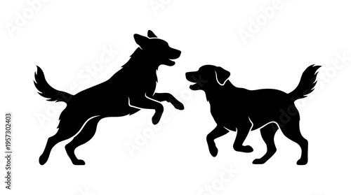 Two playful dogs silhouetted against a white background, jumping and interacting joyfully, representing companionship and active pets.