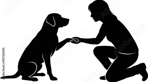 Silhouette of a person kneeling and a dog sitting, shaking paws in a handshake gesture, symbolizing trust and human-animal connection.