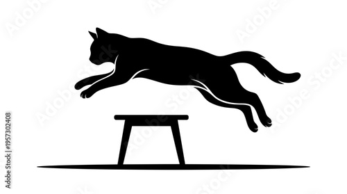 Dynamic black cat silhouette mid-jump over a small table, captured in motion against a white background, illustrating agility and athleticism.
