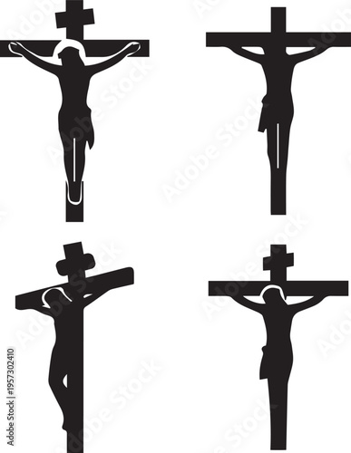 Jesus Christ Crucifixion Silhouette Collection: Four Unique Sacred Cross Icons for Christian Faith and Spiritual Design
