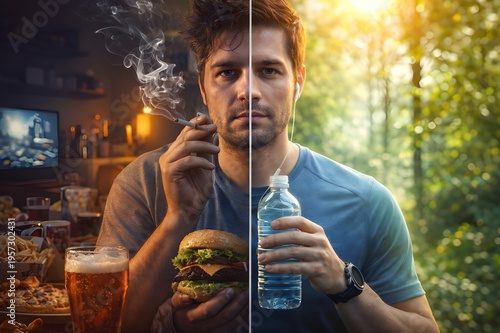 Split image of unhealthy lifestyle and healthy habits, smoking fast food versus fitness and hydration concept