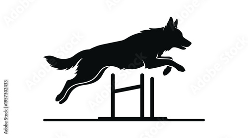 Dynamic black silhouette of a dog jumping over an agility obstacle during training, showcasing athleticism, focus, and canine sportsmanship.