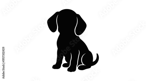 Adorable black silhouette vector illustration of a cute puppy sitting attentively with floppy ears, symbolizing innocence, loyalty, and companionship.