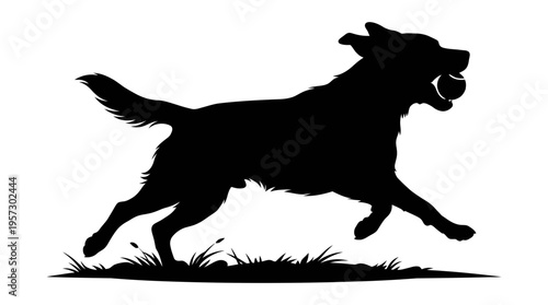Energetic black silhouette of a dog running mid-stride to fetch a ball, captured in motion on grass, symbolizing enthusiasm, playfulness, and outdoor activity.