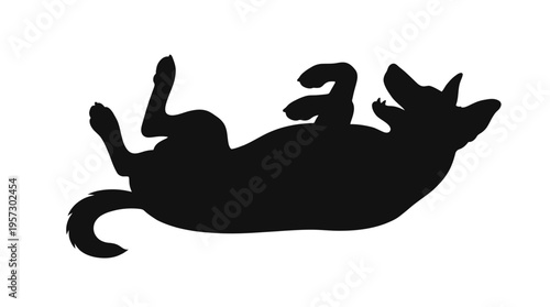 Playful black dog silhouette lying on its back, a joyful canine rolling over with legs in the air, depicting happiness, freedom, and carefree moments.