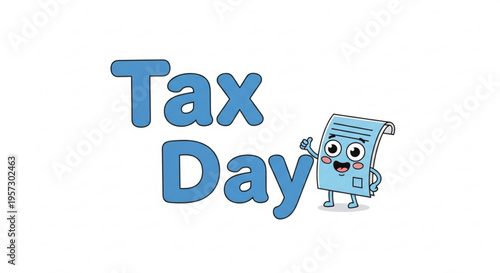 A cartoon tax document character with a smiling face and the words 'Tax Day' in bold blue letters on a white background.