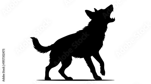 Alert black dog silhouette barking upwards, a powerful canine vocalizing with mouth open, rendered in a minimalist vector illustration, conveying warning or excitement.