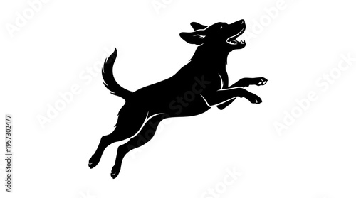 Energetic silhouette of a dog leaping and jumping in mid-air with an excited expression, conveying joy, happiness, and playful energy.