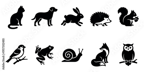A clean vector graphic displays a collection of ten different animal silhouettes against a white background, perfect for educational or design projects.