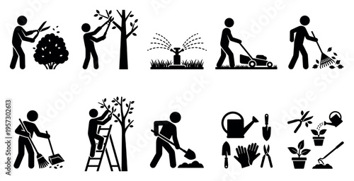 Collection of black and white pictogram icons depicting various gardening tasks like pruning, mowing, watering, raking, and planting.