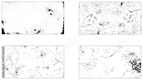 grunge overlay texture set with distressed cracked and scratched surface effects, black and white vintage noise film strip backgrounds for graphic design and photo overlay. 