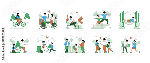 Outdoor Activities Vector Illustration with Families