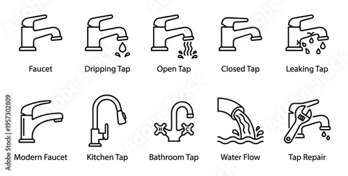 This is a collection of line art icons representing different faucet states including open, closed, dripping, leaking, modern, kitchen, and bathroom faucets, water flow, and tap repair.