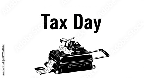 A vector graphic illustration of a suitcase overflowing with travel and tax documents on Tax Day