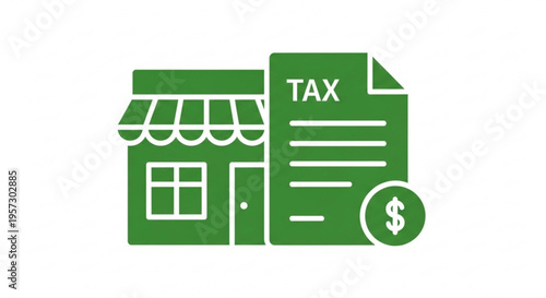 A green vector icon of a storefront with a tax document and dollar sign, representing small business finance and accounting.