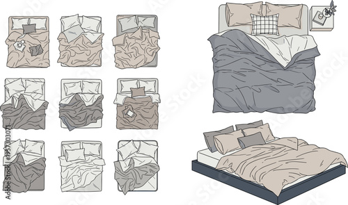 Top view messy bed variations with pillows blankets duvet covers and rumpled sheets bedroom bedding collection vector illustration for interior design