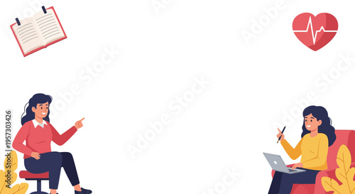 Two women discussing health and well-being, one with a laptop and the other pointing to a notebook and heart rate symbol.