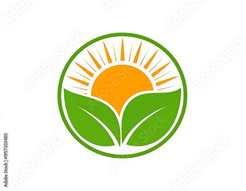 Circular logo, sun, and leaves.  Green leaves flanking a yellow sun, all within a circle.  Simple,  bright design
