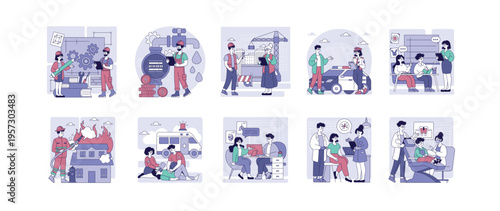Diverse Professions in Action Vector Illustration Set