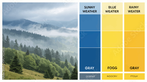 Weather forecast color palette with sunny rainy blue gray foggy conditions and mountain landscape
