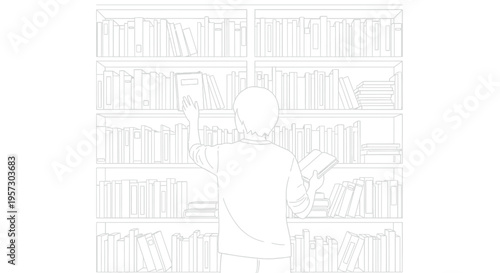 Enthusiastic young reader carefully chooses a compelling book from a large, organized bookshelf, immersing themselves in the pursuit of knowledge and literature.