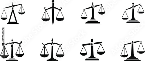 A set of eight different balance scale icons in black and white