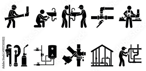 A collection of simple black pictogram icons illustrating various plumbing tasks, tools, and equipment, suitable for service or instructional use.
