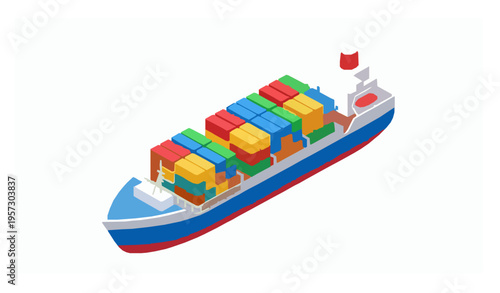 Isometric cargo ship vector cartoon container vessel colorful transport isolated on white background