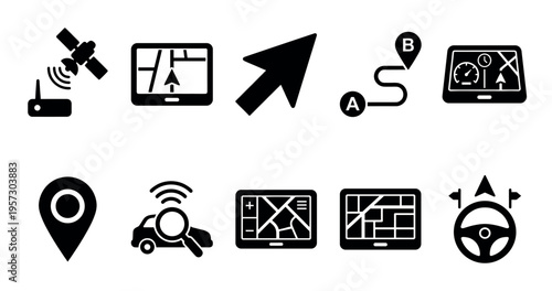 A collection of black and white icons representing navigation and travel, including GPS devices, maps, location pins, and steering wheels.