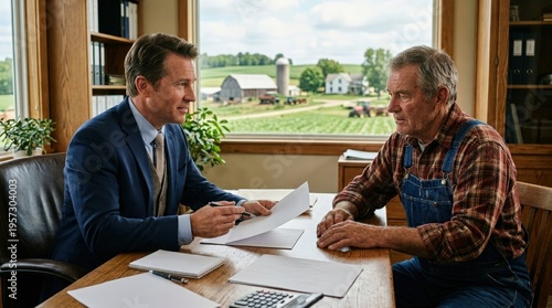 Business Meeting Between a Lawyer and a Farmer in a Cozy Office with Scenic Rural Landscape