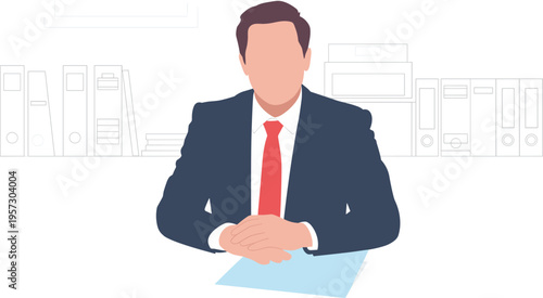 businessman office illustration, corporate professional sitting at desk, executive manager concept, leadership and success, modern business workspace vector design