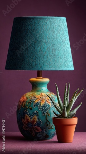 Ornate Teal Table Lamp with Floral Pattern and Potted Aloe Plant decorative