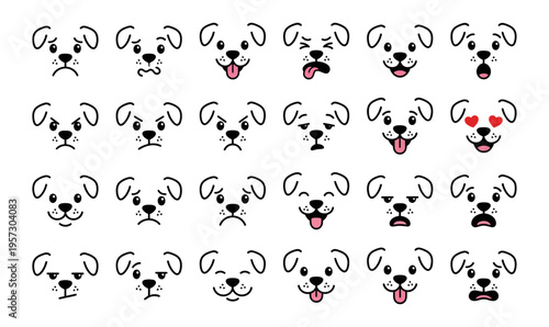 Cute dog face icons set | Cartoon puppy heads with diverse facial expressions and emotions | Isolated vector illustration on white background