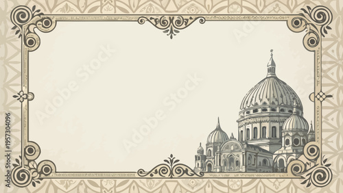 Elegant ornate frame with architectural domes and floral patterns on cream background