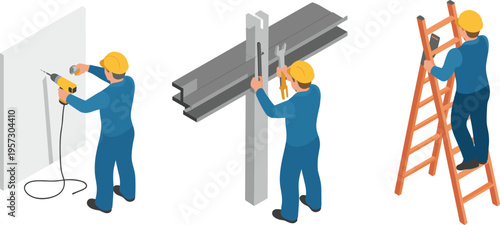 Construction workers performing installation drilling metal fixing and ladder work tasks on building structure in professional isometric illustration set
