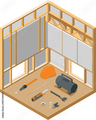 Construction tools and equipment inside unfinished wooden house frame with insulation panels helmet and machinery building interior illustration scene