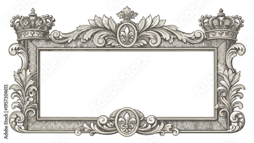 Ornate frame with crest like tops balanced ornamentation and royal crowns on white background for luxury designs