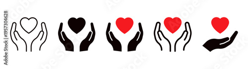 Heart in two hands icon set. Hand holding heart icons. care, love, support, charity care, health insurance, voluntary support, and donation symbols in flat vector style. web vector icons