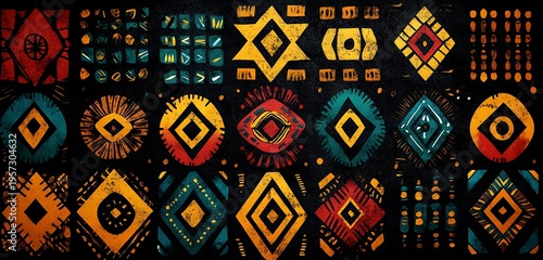 Collection of African Tribal Geometric Patterns on Black Background Keywords: african, tribal