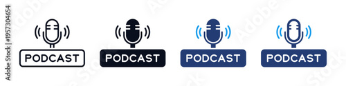 Podcast icon set with Microphone and radio audio waves symbol for digital broadcasting, audio recording, and live streaming symbols. web vector icons
