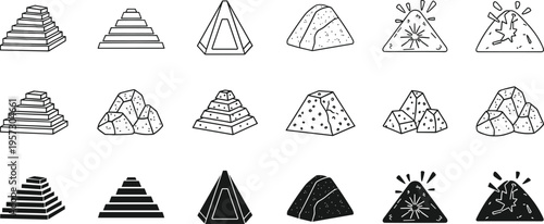 Set of vector pyramid icons featuring ancient architecture stone steps and archaeological monuments