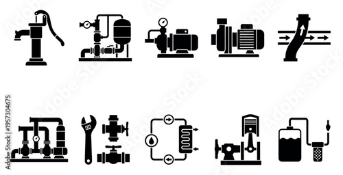 A collection of diverse black and white vector icons representing various plumbing components, water pumps, tools, and fluid systems for industrial and domestic use.
