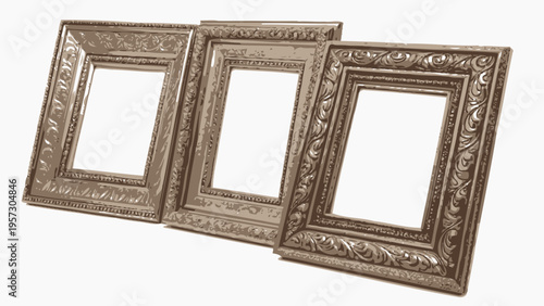 Three antique silver picture frames with engraved line textures on white background
