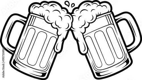 Beer mugs clinking celebration icon with frothy foam, festive toast symbol, social gathering design, friendship party element, camaraderie concept, flat vector illustration