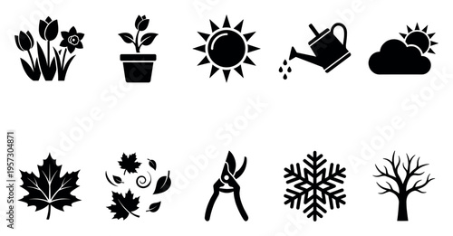 This is a set of black graphic icons representing the four seasons, including flowers, a potted plant, sun, watering can, cloud, maple leaf, fallen leaves, pruning shears, snowflake, and a bare tree.