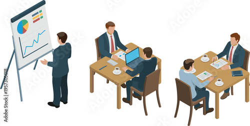 Isometric business meeting and presentation illustration, team discussion, data analysis, office workers, charts, graphs, corporate strategy planning concept