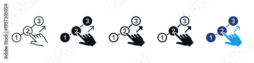 Choice hand click icon set. Step selection icons with Finger pointing at numbered steps, interaction, workflow, interactive decision process, and selection path symbols. web icons