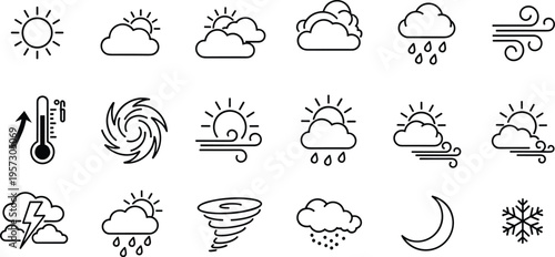 Weather icons collection, sun, clouds, rain, wind, snow, storm, temperature, moon, cyclone