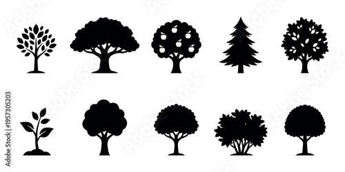 A graphic design featuring a diverse collection of ten stylized black tree silhouettes of various shapes and sizes set against a clean white background.