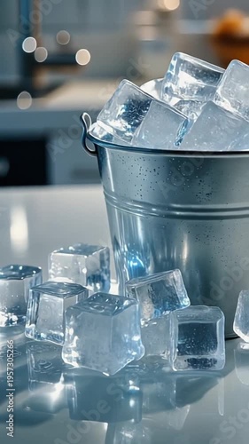 Wallpaper Mural Ice cubes spilling from metal bucket on kitchen counter with blurred background Torontodigital.ca